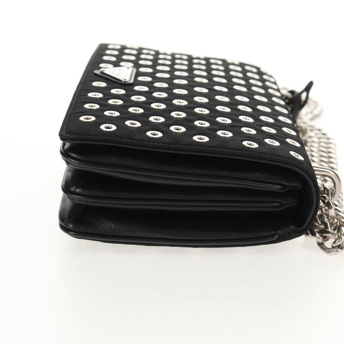 Prada Grommet Chain Flap Shoulder Bag Tessuto with Soft Calf, BLACK, NYLON, Shoulder bag
