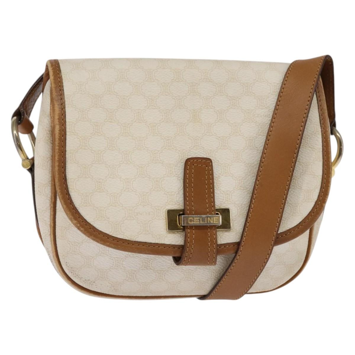 Celine Vintage Macadam Shoulder Bag Canvas and Leather, ECRU, CANVAS, Shoulder bag
