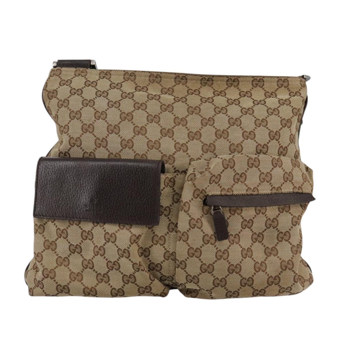 Gucci Double Pocket Web Messenger GG Canvas, Brown, Canvas, Shoulder Bag