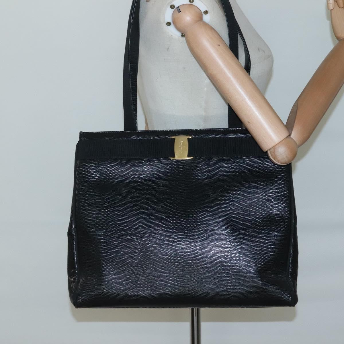 Salvatore Ferragamo Vintage Vara Bow Tote Lizard Embossed Leather, BLACK, LEATHER, Tote bag