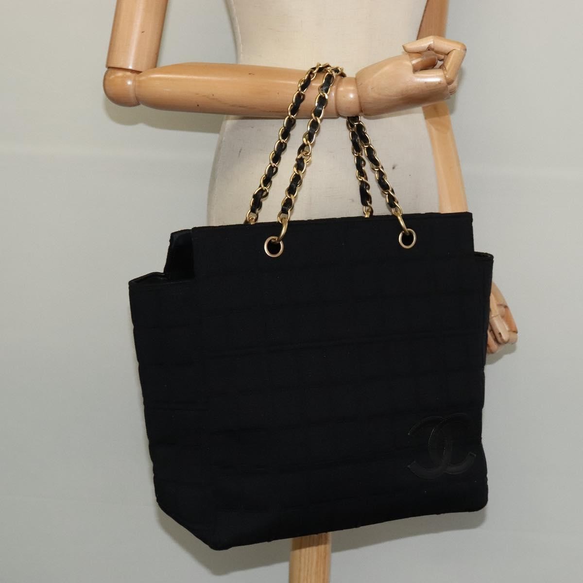 Chanel Chocolate Bar Chain Tote Quilted Jersey, BLACK, COTTON, Tote bag