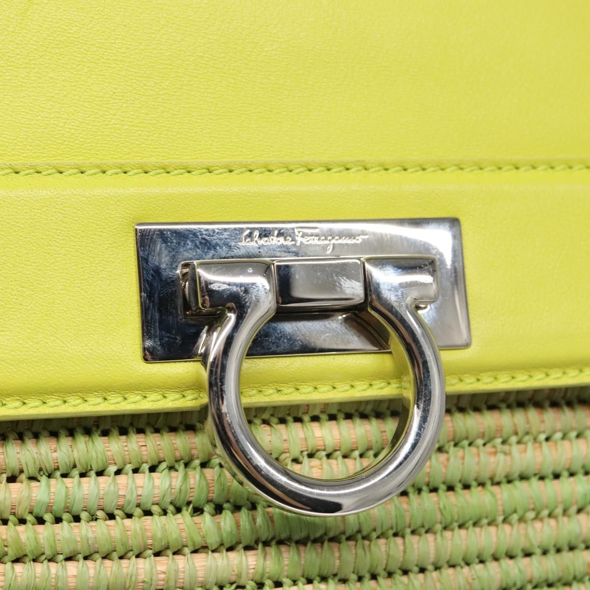 Salvatore Ferragamo Sofia Satchel Raffia with Leather, GREEN, WOOD, Handbag