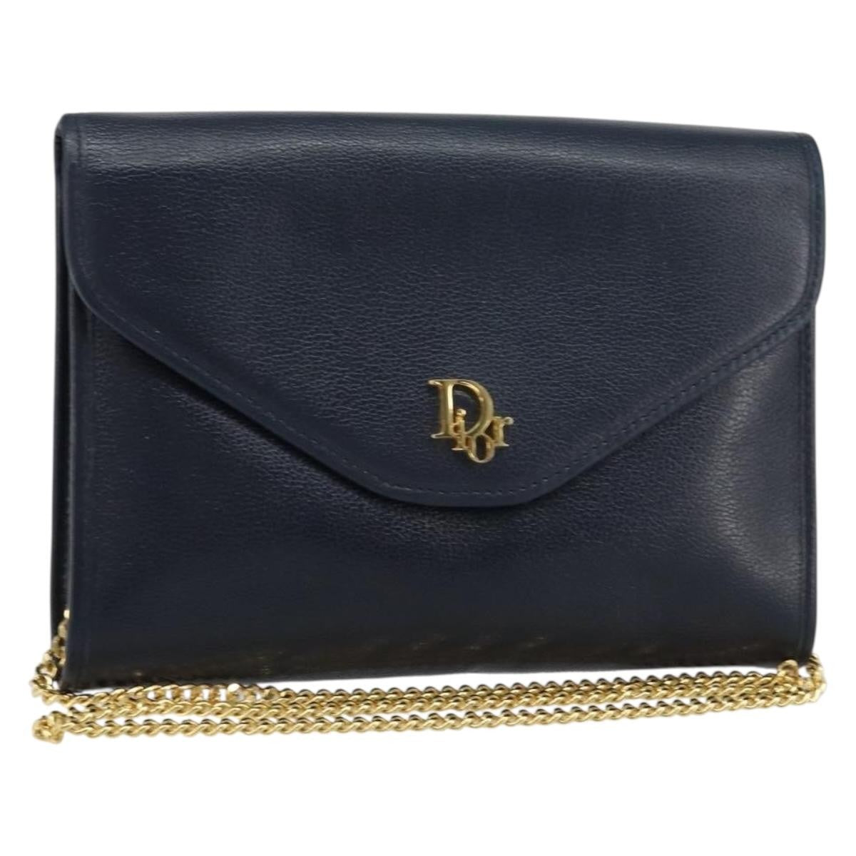 Christian Dior Vintage Chain Flap Shoulder Bag Leather, NAVY, LEATHER, Shoulder bag