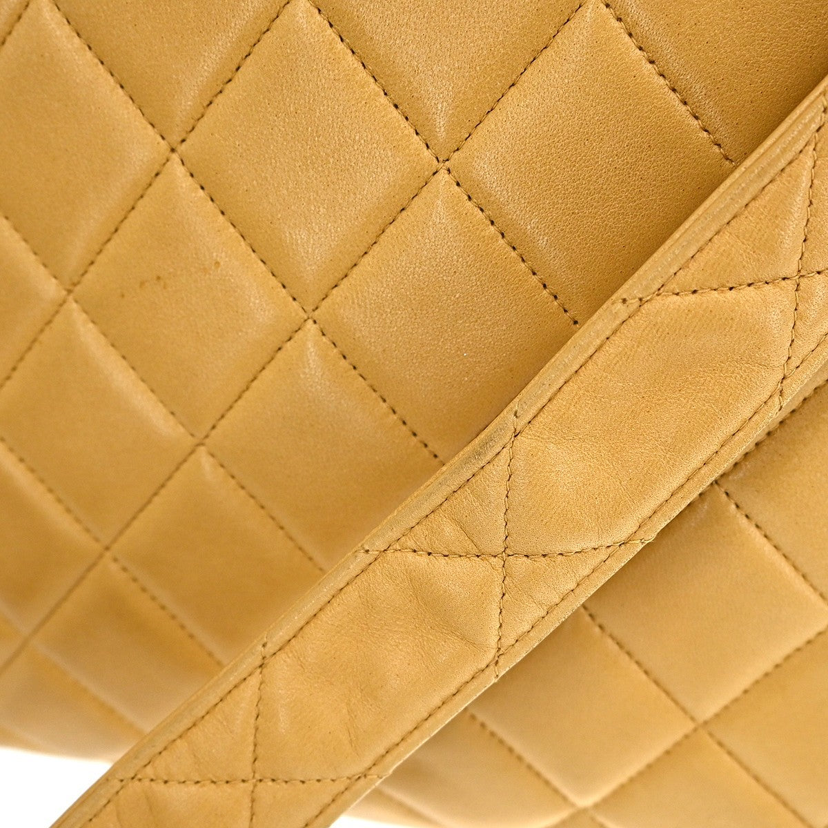 Chanel Vintage CC Square Flap Shoulder Bag Quilted Lambskin, Beige, Leather, Shoulder Bag