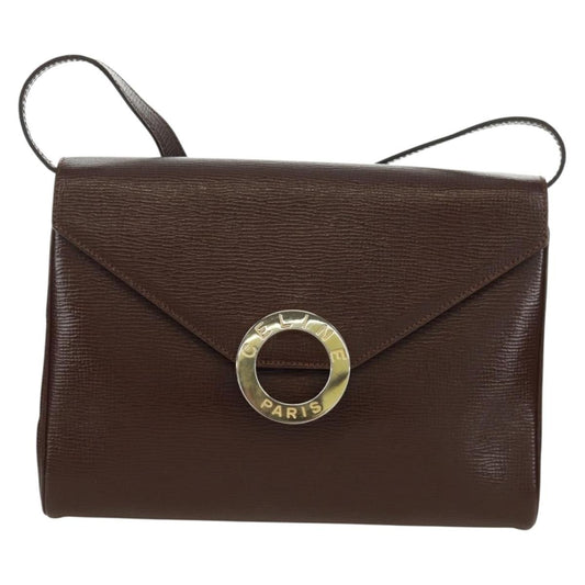 Celine Circle Logo Shoulder Bag Leather, BROWN, LEATHER, Shoulder bag