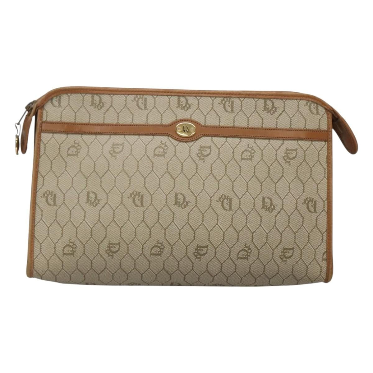 Christian Dior Vintage Honeycomb Zip Pouch Coated Canvas, BEIGE, CANVAS, Clutche & pouche