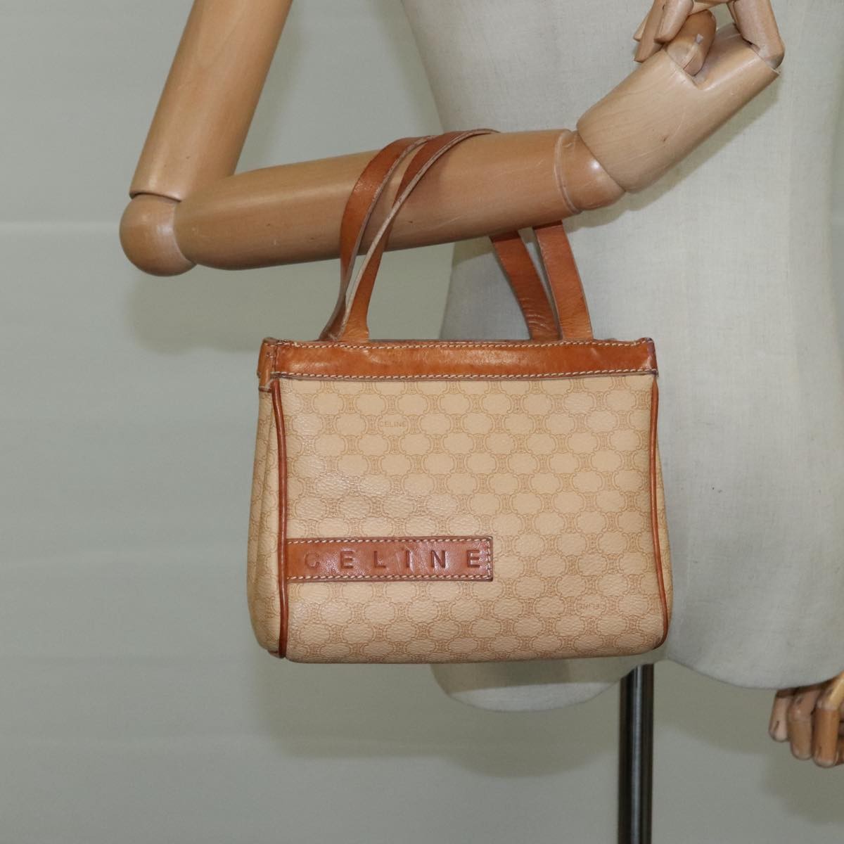 Celine Vintage Macadam Handbag Macadam, "Beige,Brown,Gold", PVC,Leather,Canvas, Handbag
