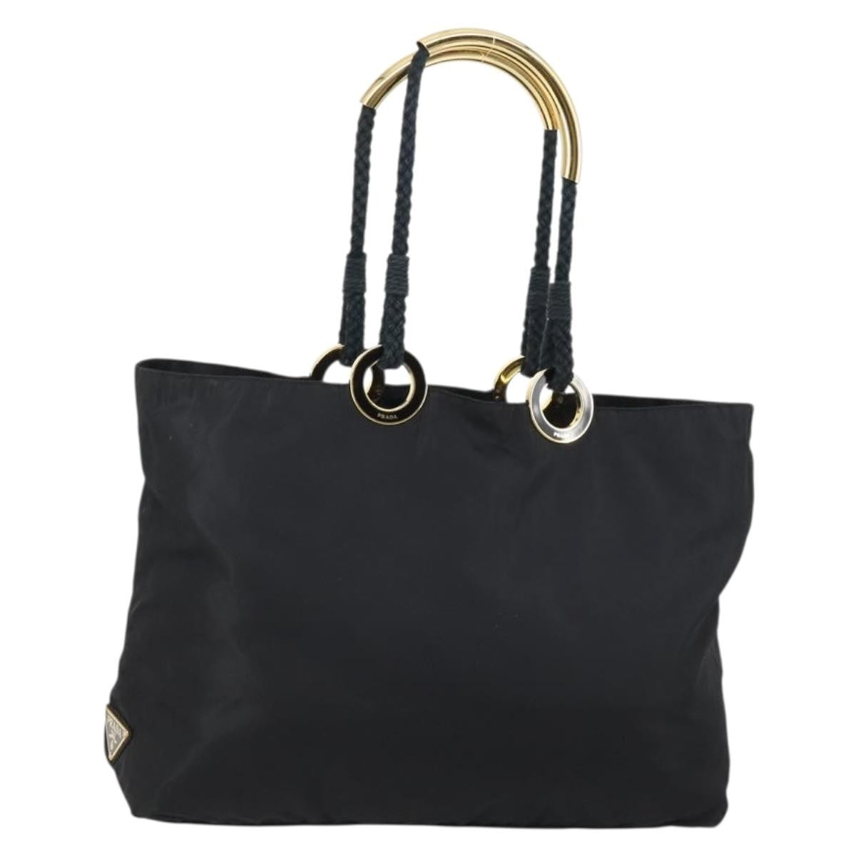 Prada Convertible Metal Handle Satchel Quilted Tessuto, BLACK, NYLON, Tote bag