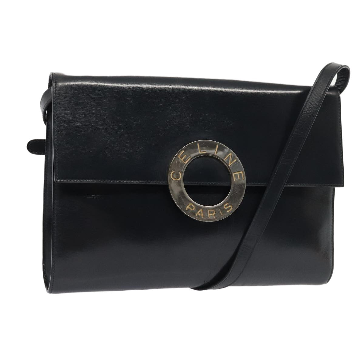 Celine Vintage Circle Logo Crossbody Bag Leather, NAVY, LEATHER, Crossbody bag