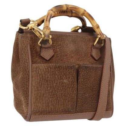 Gucci Vintage Bamboo Front Pocket Tote Suede, BROWN, SUEDE, Handbag