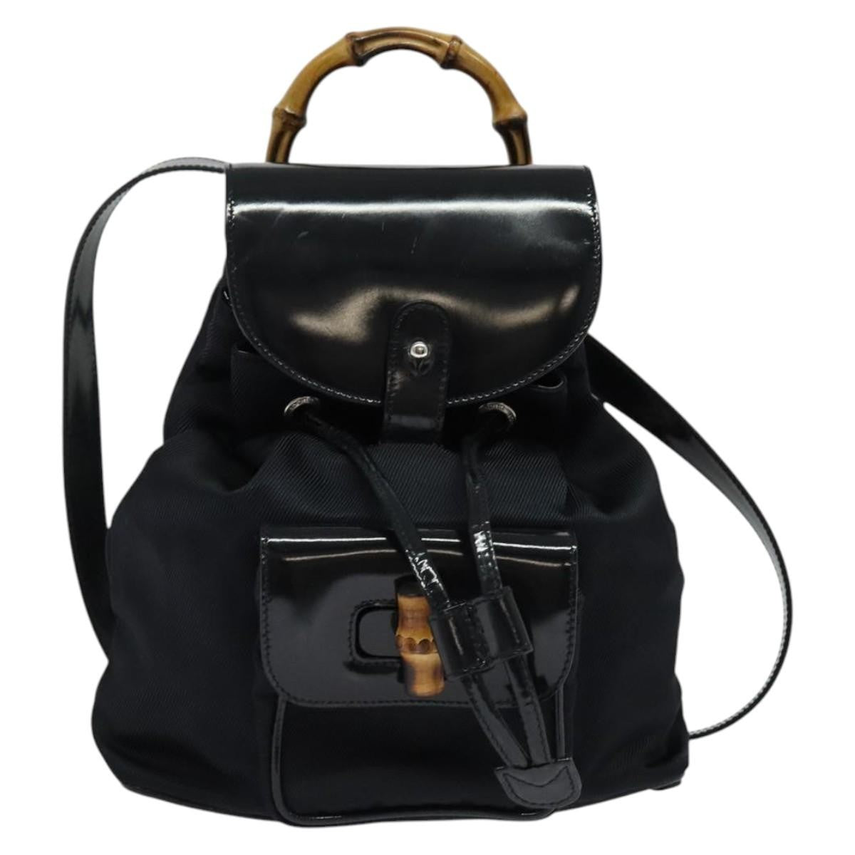 Gucci Vintage Bamboo Backpack Nylon and Patent Leather, BLACK, NYLON, Backpack