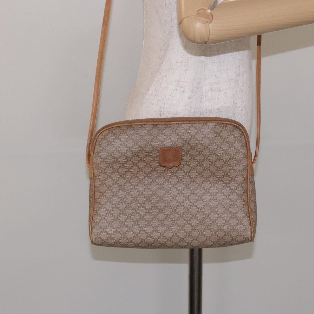 Celine Vintage Macadam Shoulder Bag Canvas and Leather, BEIGE, CANVAS, Shoulder bag