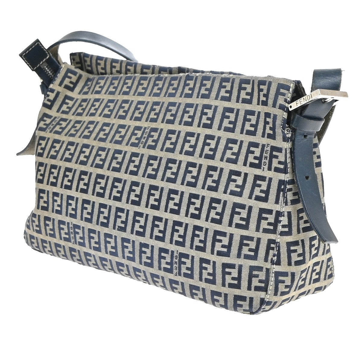 Fendi Vintage Flap Shoulder Bag Zucchino Canvas with Leather, NAVY, CANVAS, Shoulder bag