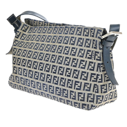 Fendi Vintage Flap Shoulder Bag Zucchino Canvas with Leather, NAVY, CANVAS, Shoulder bag