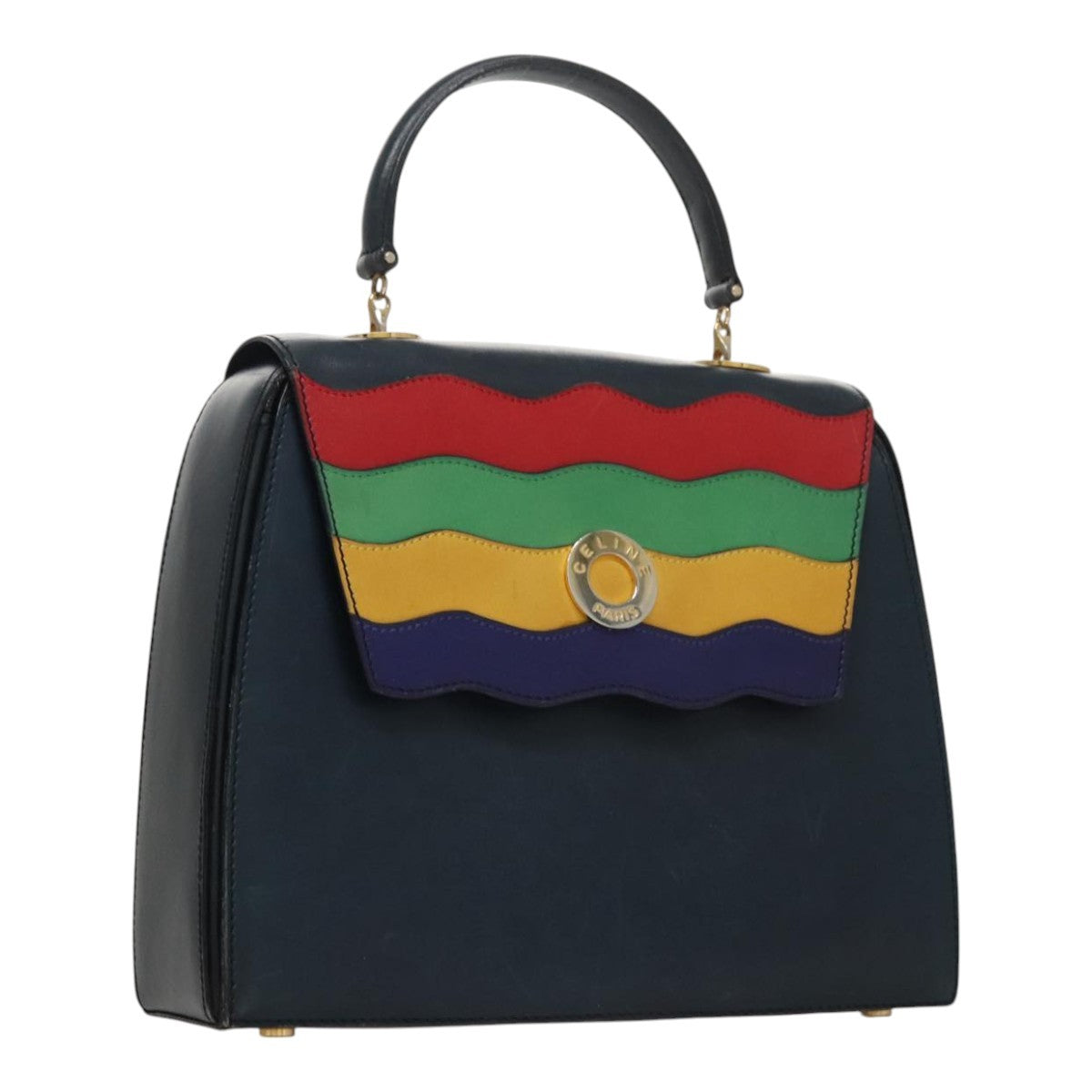 Celine Circle Logo Handbag Leather, NAVY, LEATHER, Handbag
