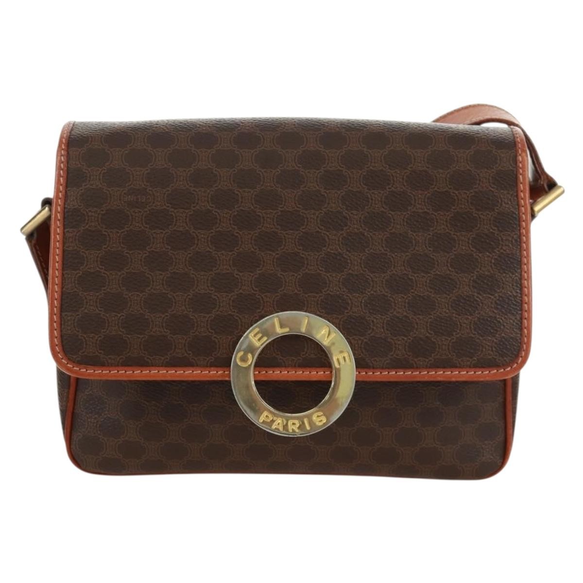 Celine Vintage Macadam Circle Logo Shoulder Bag Canvas and Leather, BROWN, CANVAS, Shoulder bag
