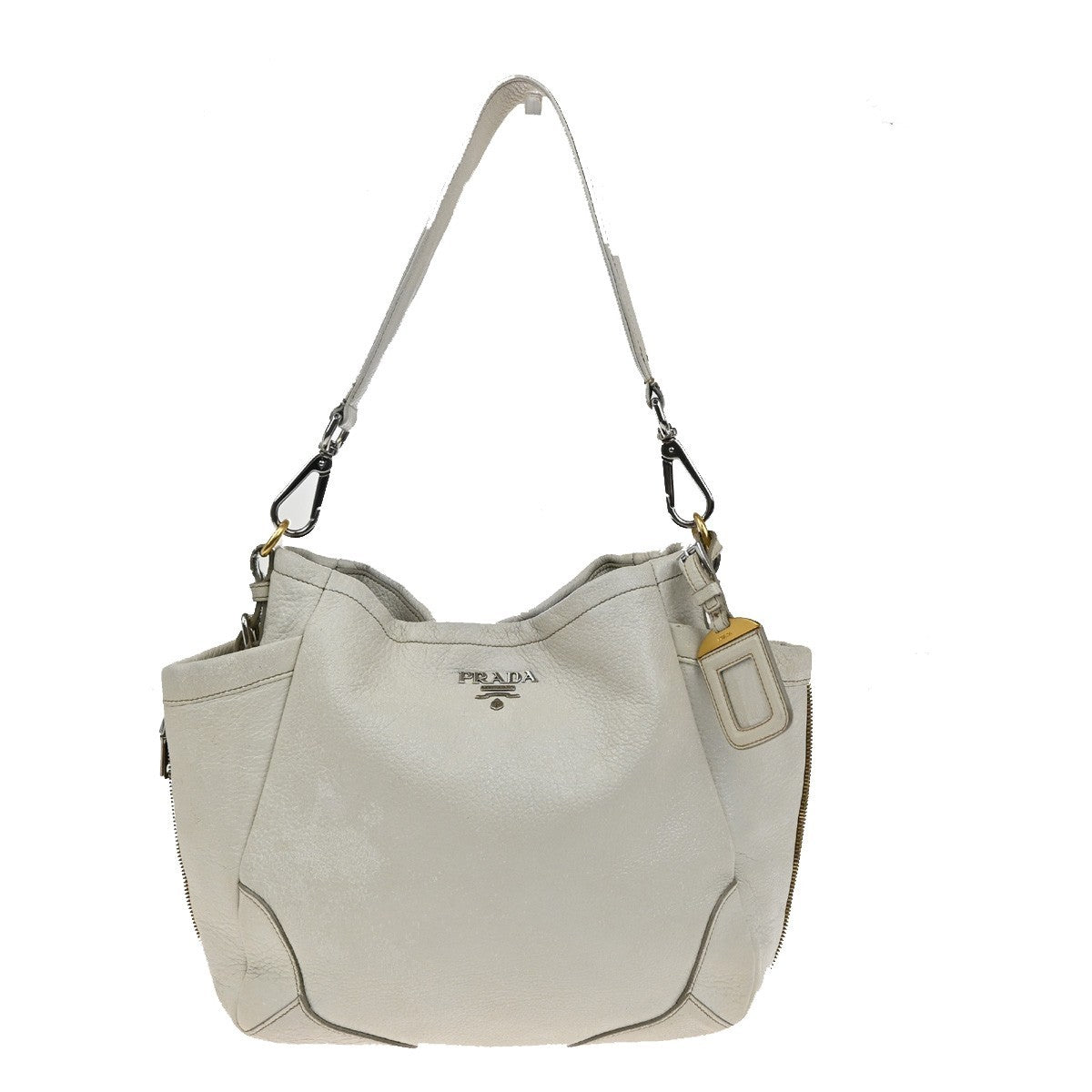 Prada Side Pocket Zip Hobo Vitello Daino, WHITE, LEATHER, Shoulder bag