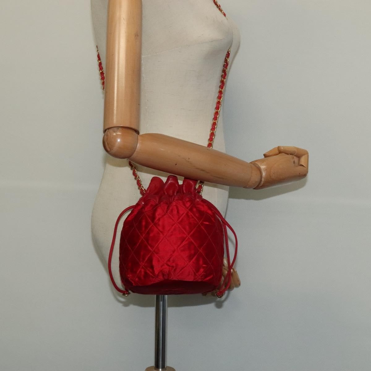 Chanel Vintage Drawstring Bucket Bag Quilted Satin, RED, SATIN, Shoulder bag