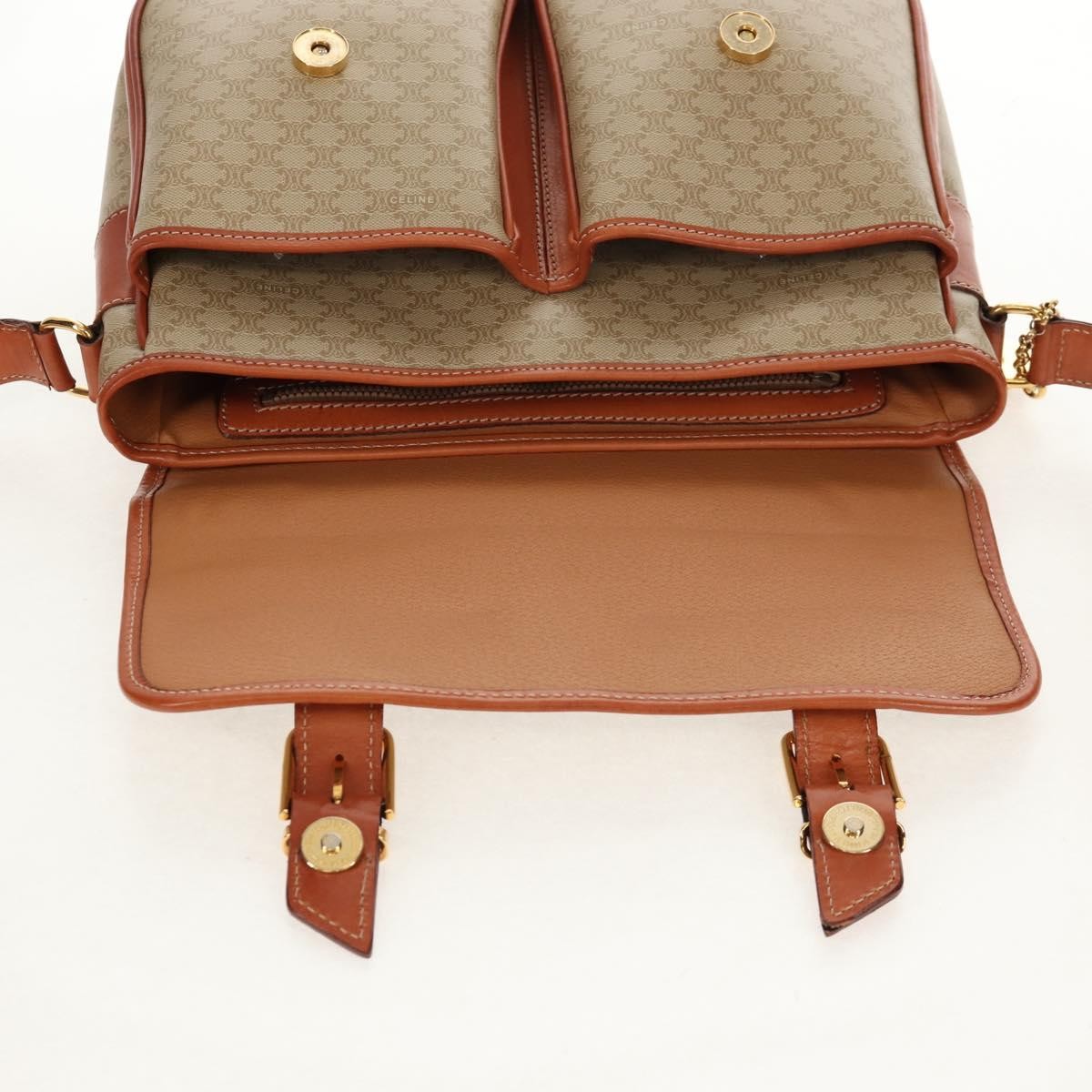 Celine Vintage Macadam Handbag Canvas and Leather, BEIGE, CANVAS, Handbag