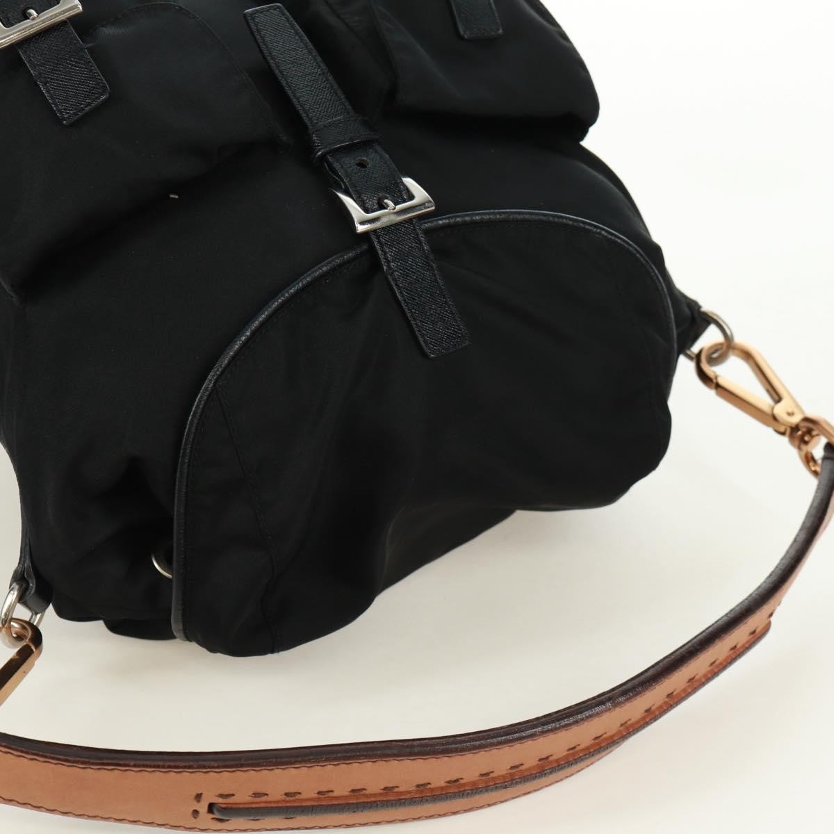 Prada Double Pocket Drawstring Shoulder Bag Tessuto, Black, Nylon, Shoulder Bag