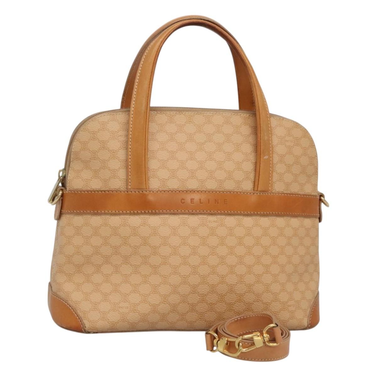 Celine Vintage Macadam Handbag Canvas and Leather, BEIGE, CANVAS, Handbag