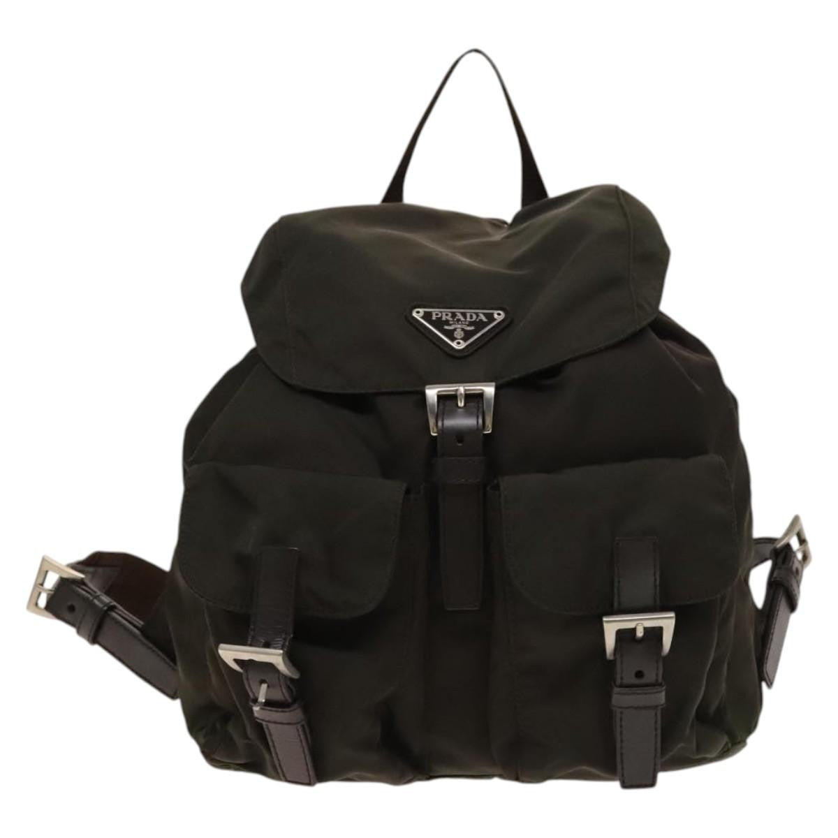 Prada Double Pocket Drawstring Backpack Nylon with Studded Detail, KHAKI, NYLON, Backpack