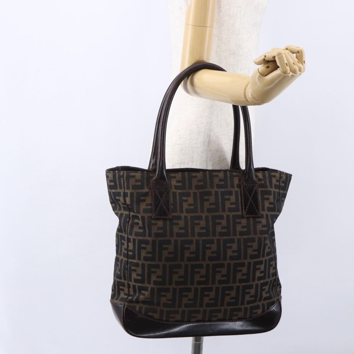 Fendi Vintage Open Tote Zucca Canvas with Leather, BLACK, CANVAS, Tote bag