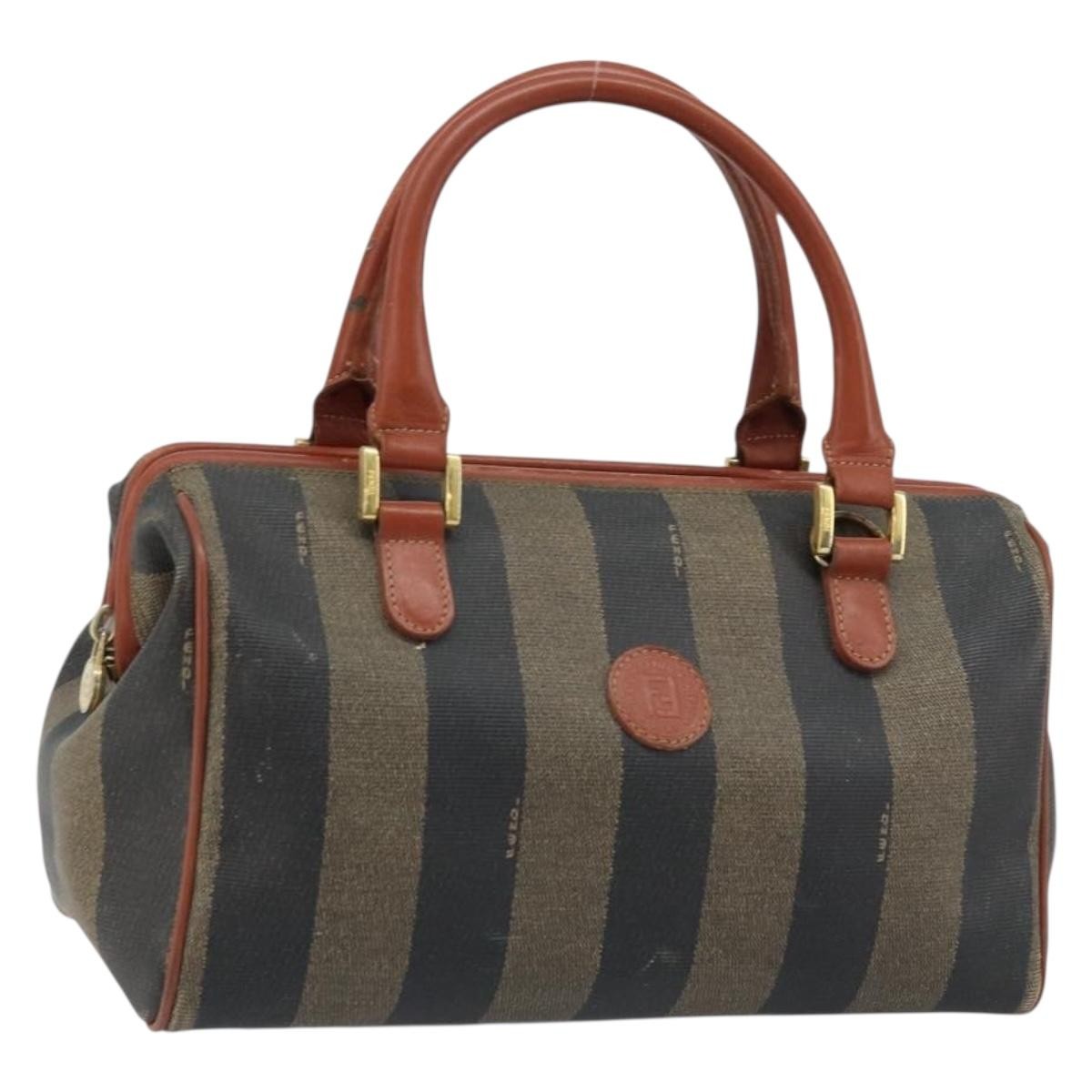 Fendi Vintage Pequin Convertible Boston Bag Coated Canvas, BROWN, CANVAS, Handbag