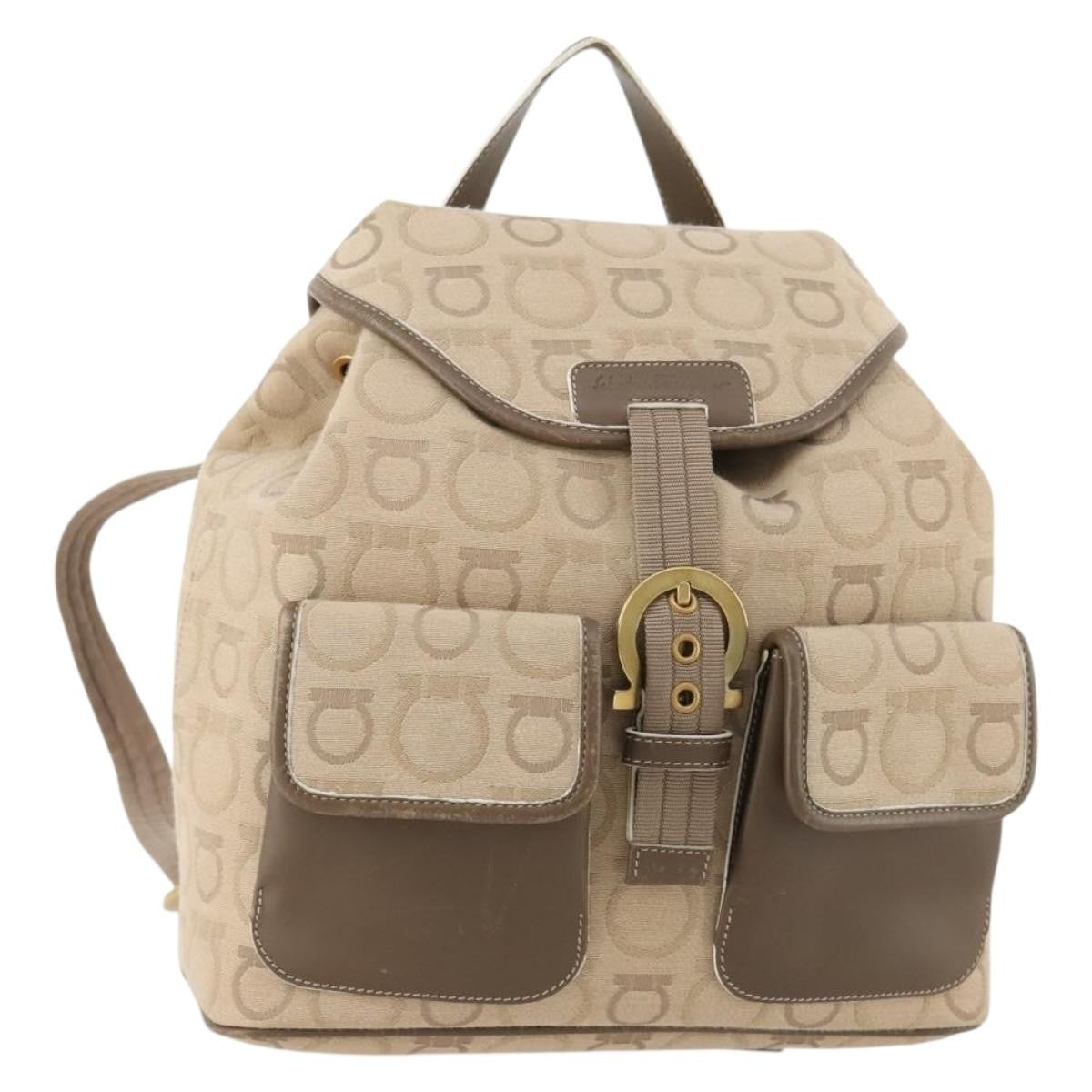 Salvatore Ferragamo Gancini Backpack Canvas, BEIGE, CANVAS, Backpack