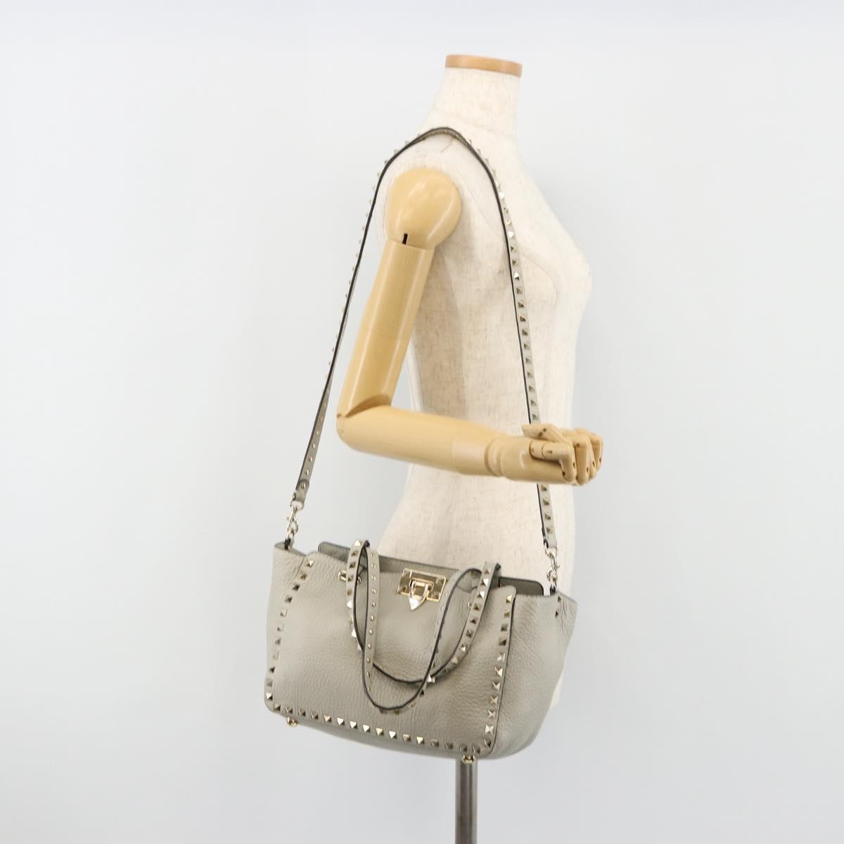 Valentino Garavani Rockstud Tote Textured Leather, Gray, Leather, Tote Bag