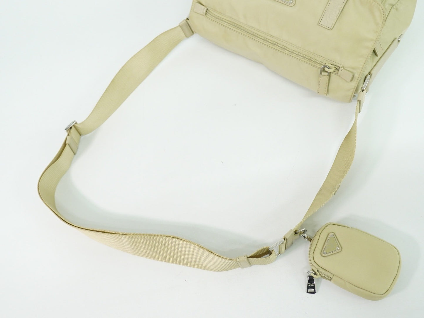Prada Double Buckle Flap Messenger Bag Re-Nylon, BEIGE, NYLON, Shoulder bag