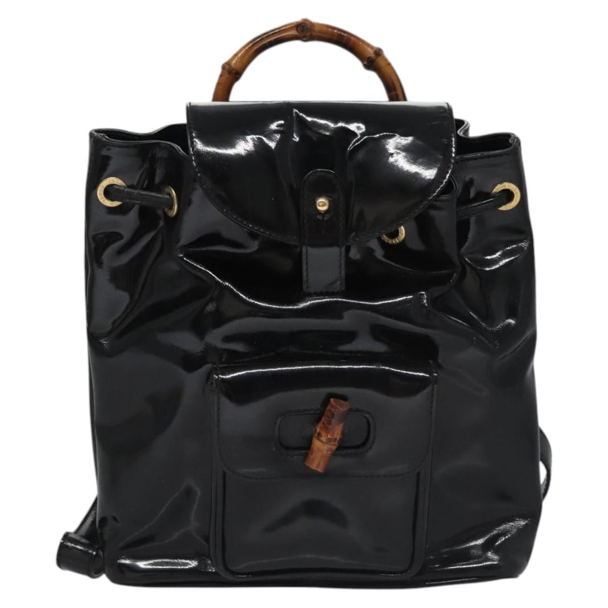 Gucci Vintage Bamboo Backpack Patent, Black, Patent Leather, Backpack