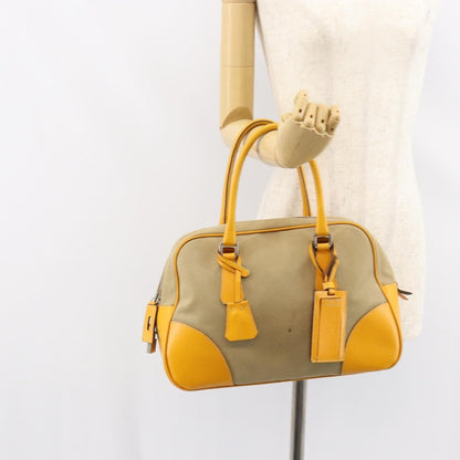 Prada Bowler Bag Canvas with Leather, BEIGE, CANVAS, Handbag