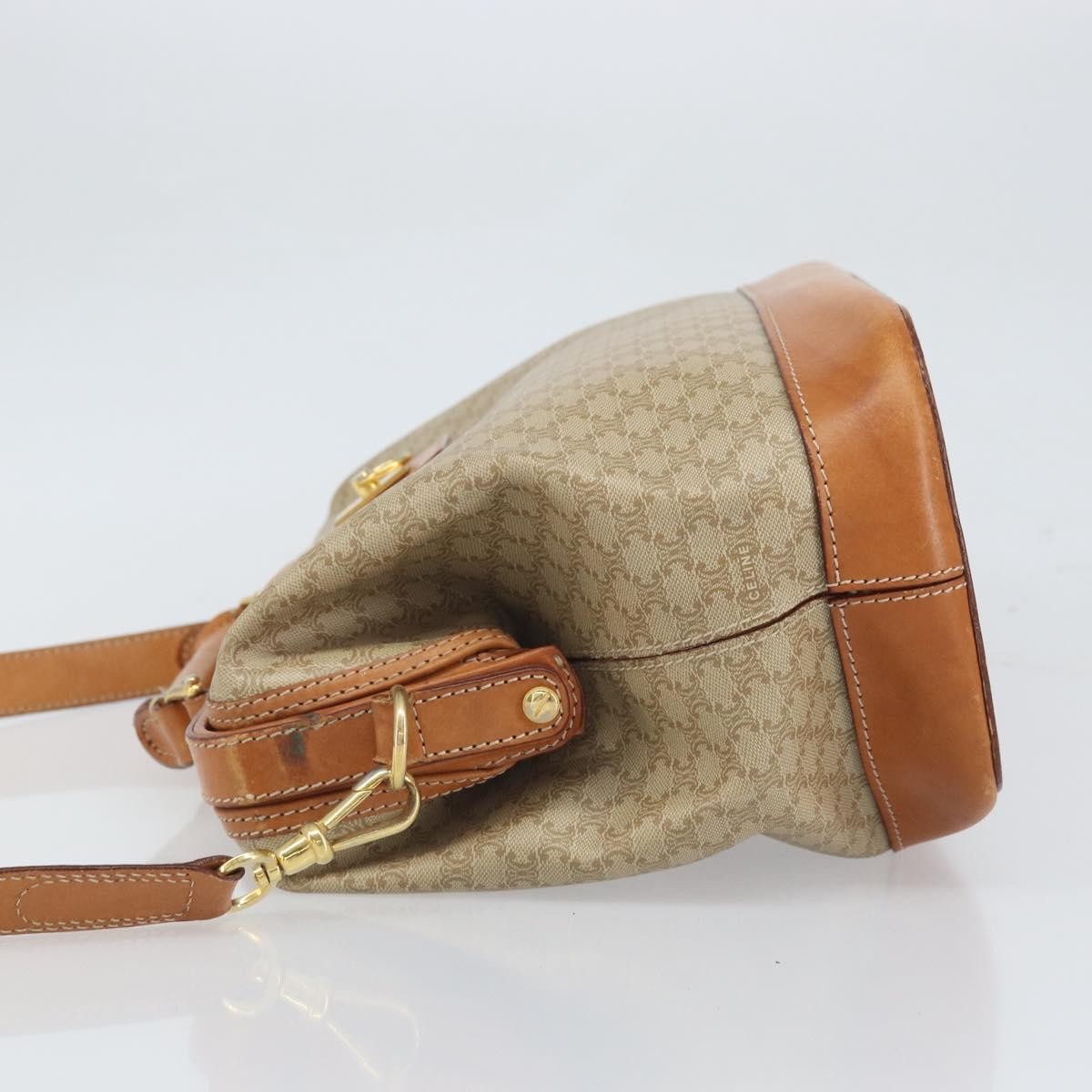 Celine Vintage Macadam Handbag Canvas and Leather, BEIGE, CANVAS, Handbag