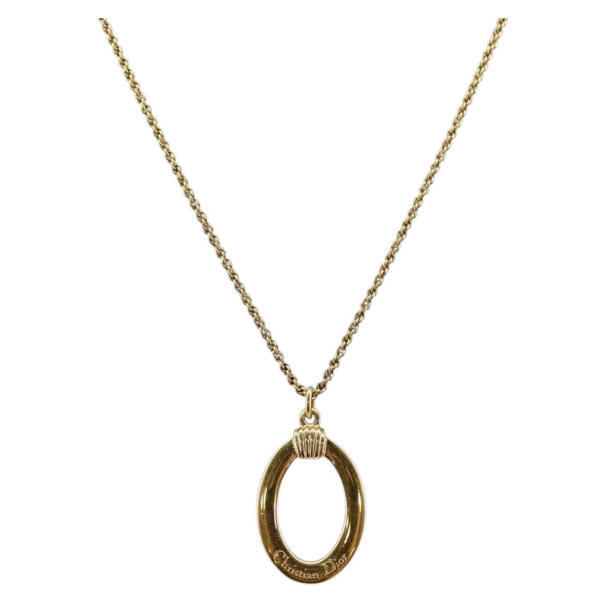 Christian Dior Vintage Logo Round Pendant Necklace Metal, GOLD, METAL, Necklace