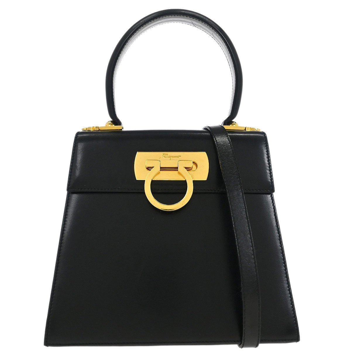 Salvatore Ferragamo Convertible Top Handle Bag Leather, BLACK, LEATHER, Handbag