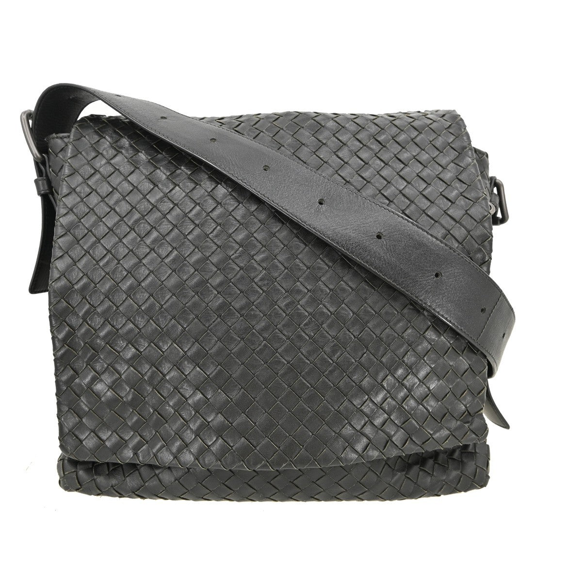 Bottega Veneta Square Flap Messenger Bag Intrecciato Nappa, BLACK, LEATHER, Shoulder bag