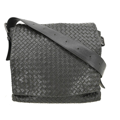 Bottega Veneta Square Flap Messenger Bag Intrecciato Nappa, BLACK, LEATHER, Shoulder bag