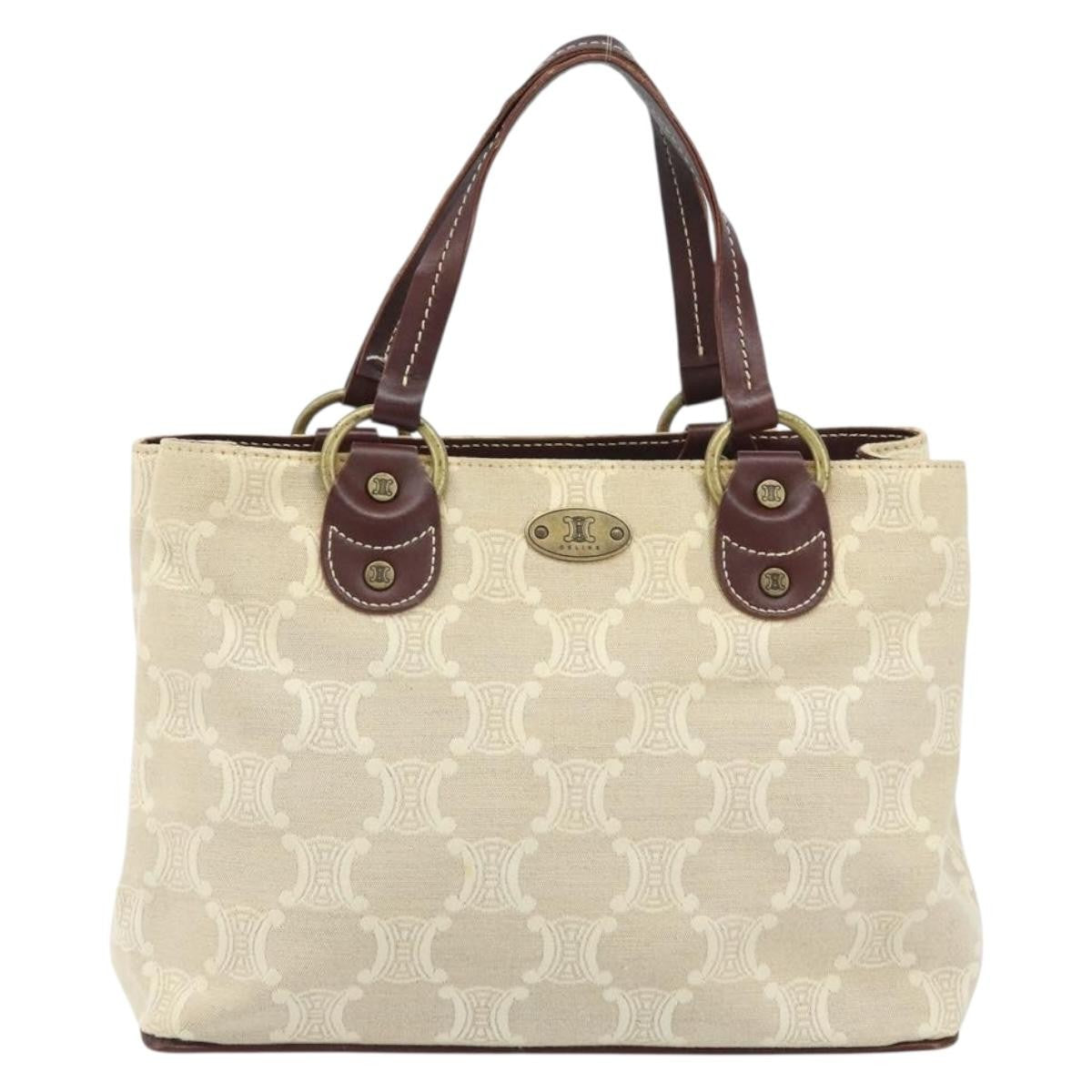 Celine Vintage Macadam Handbag Canvas and Leather, BEIGE, CANVAS, Handbag