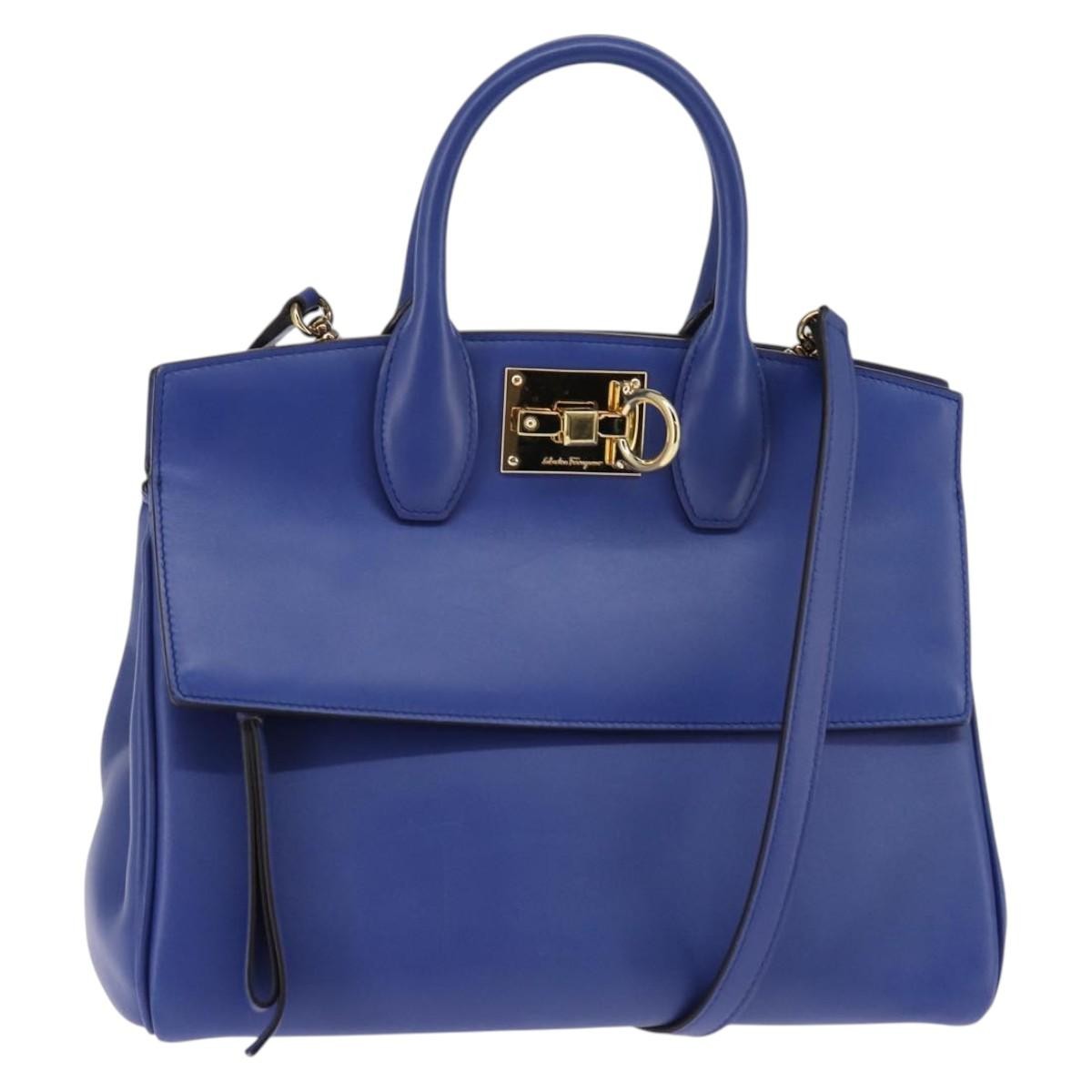 Salvatore Ferragamo Studio Satchel Leather, BLUE, LEATHER, Handbag