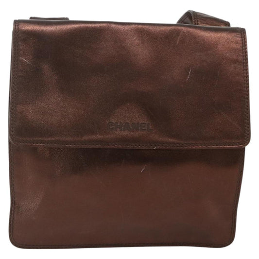 Chanel Vintage Logo Flap Messenger Bag Leather, BROWN, LEATHER, Shoulder bag
