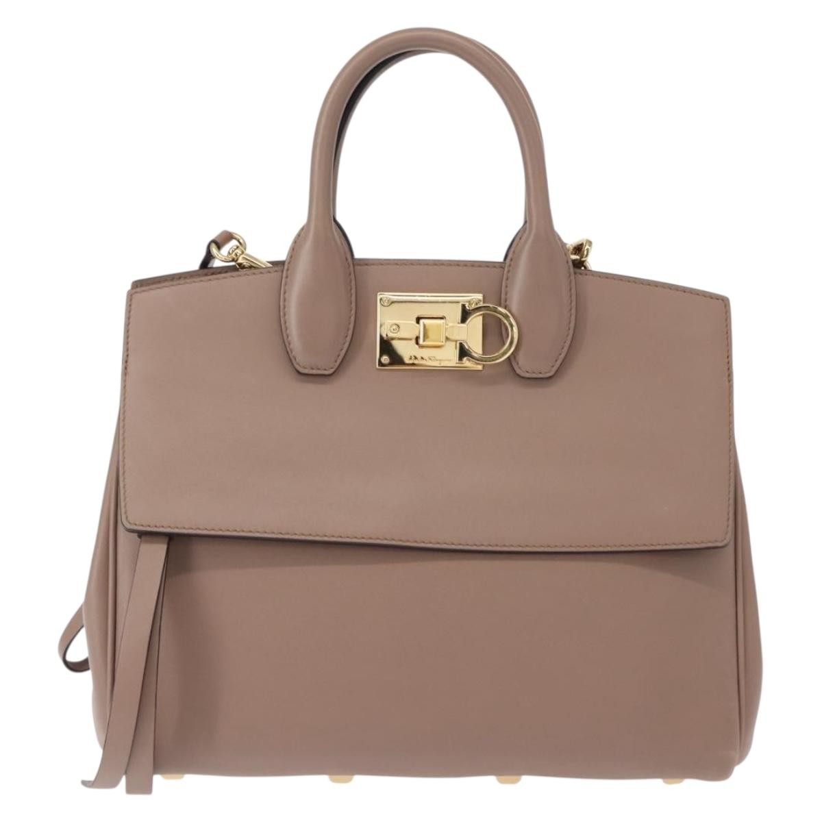 Salvatore Ferragamo Studio Satchel Leather, BEIGE, LEATHER, Handbag