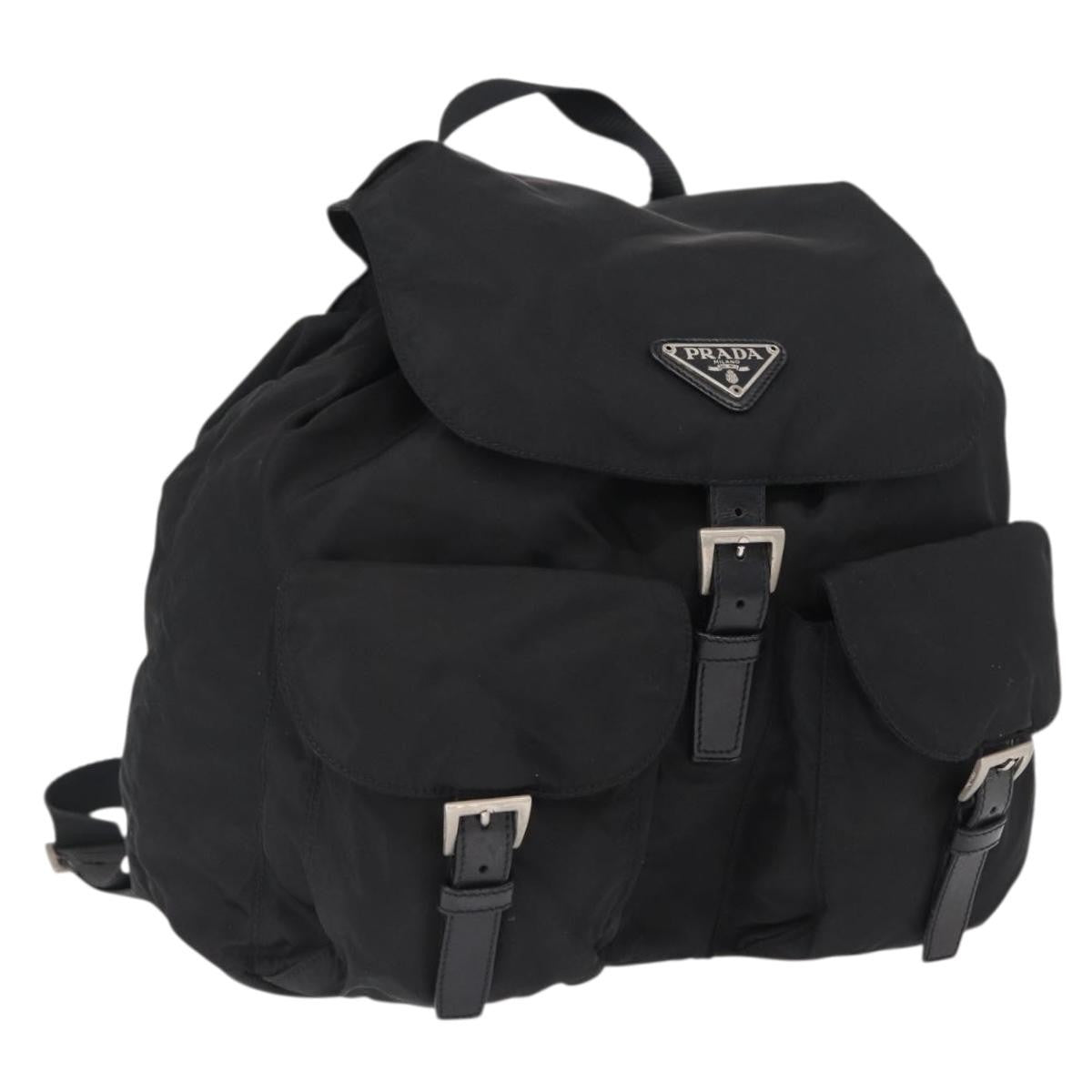 Prada Double Front Pocket Backpack Re-Nylon with Leather, BLACK, NYLON, Backpack