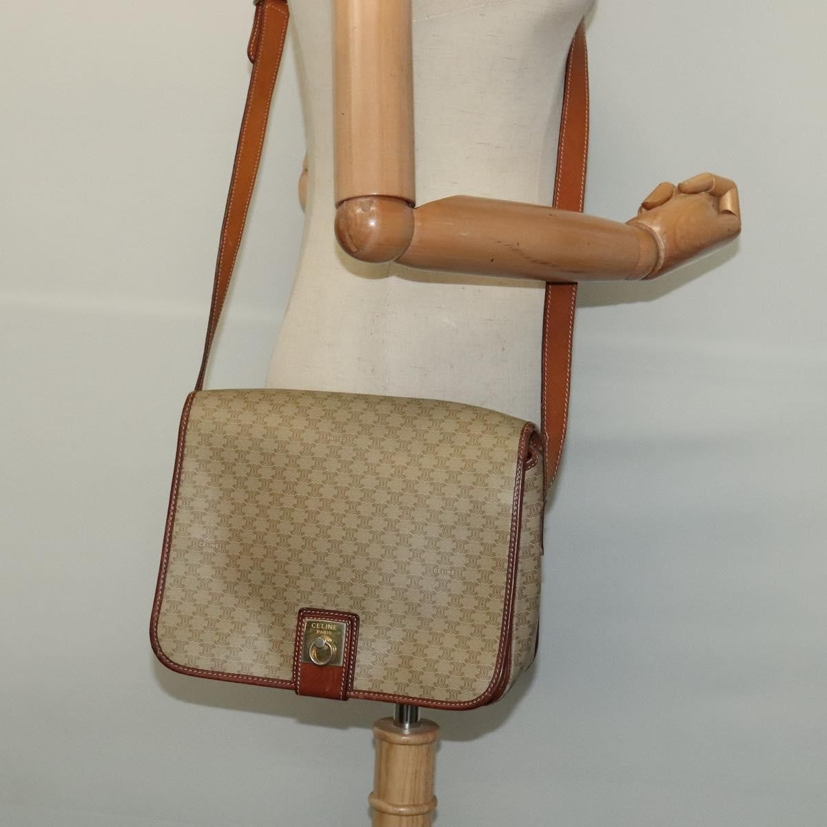 Celine Vintage Macadam Shoulder Bag Canvas and Leather, BEIGE, CANVAS, Shoulder bag
