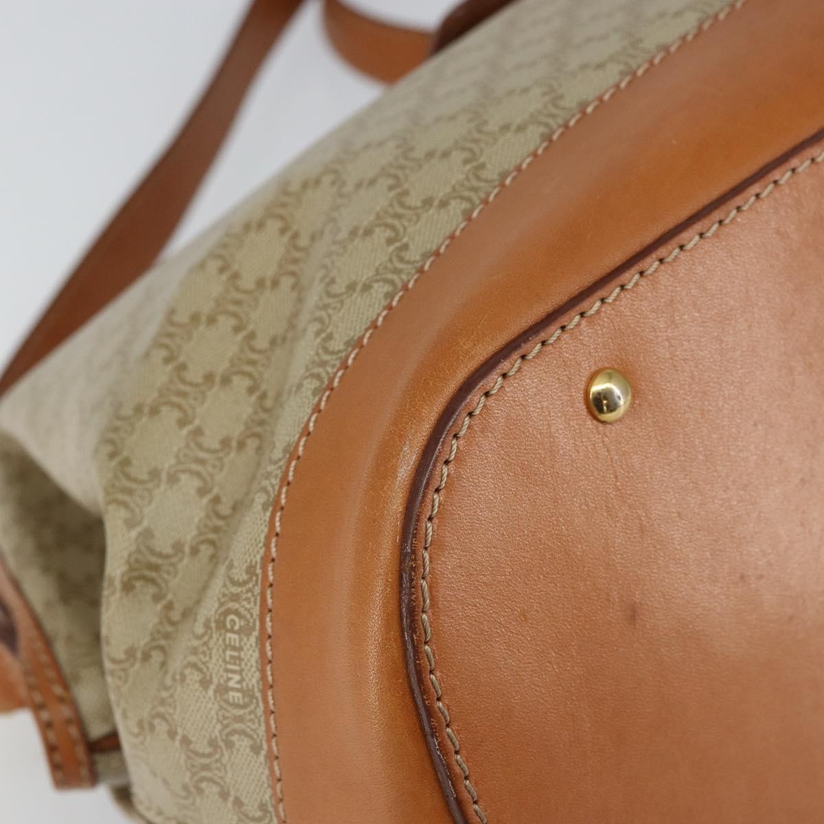 Celine Vintage Macadam Handbag Canvas and Leather, BEIGE, CANVAS, Handbag