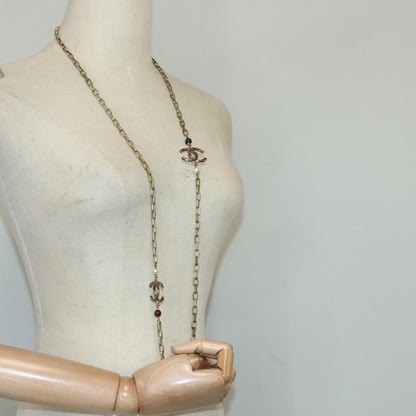 Chanel Vintage Double Strand CC Pendant Necklace Metal with Crystals, GOLD, METAL, Necklace