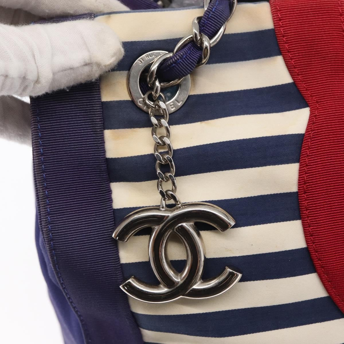 Chanel Mariniere Chain Tote Striped Canvas, NAVY, CANVAS, Tote bag