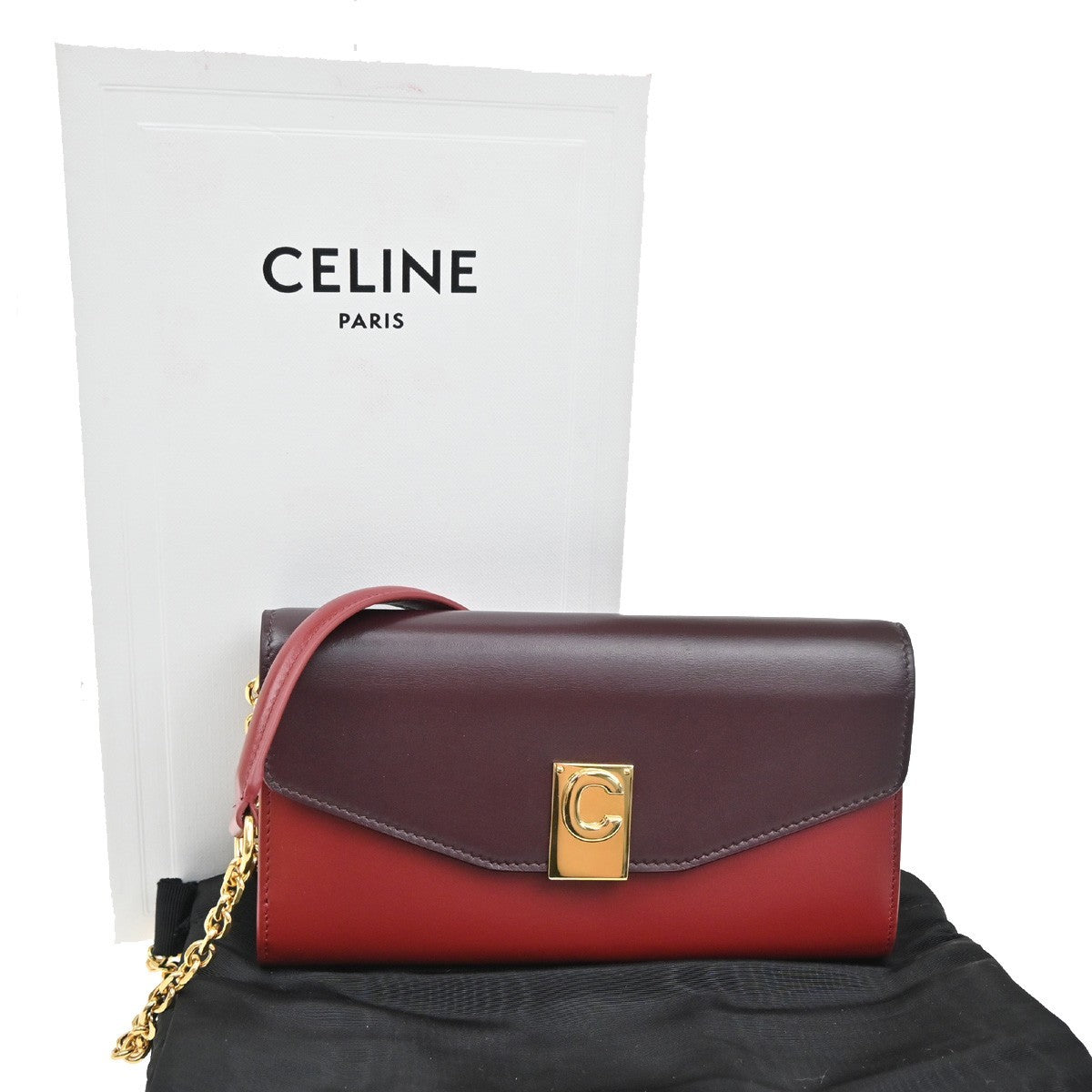 Celine C Wallet on Chain Leather, Black, Leather, Clutch