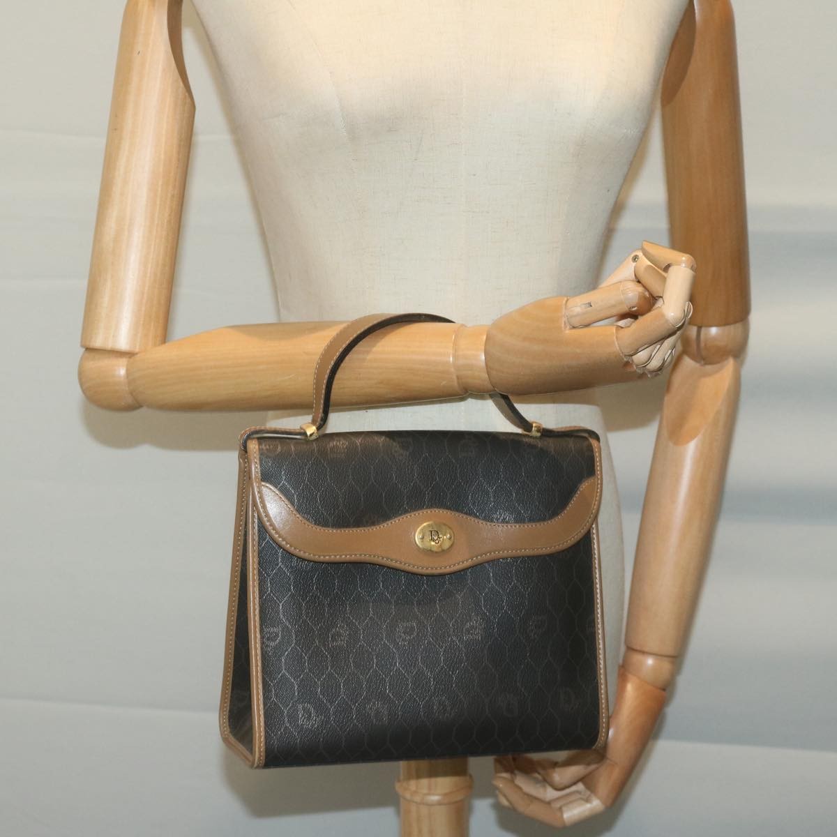 Christian Dior Vintage Honeycomb Handbag Canvas Leather, BLACK, CANVAS, Handbag