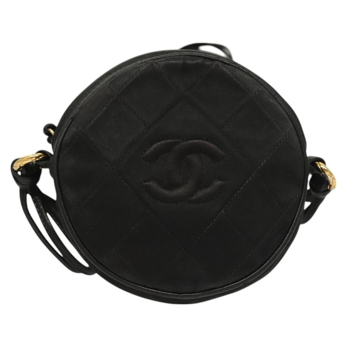 Chanel Vintage Round Tassel Crossbody Bag Quilted Satin, BLACK, SATIN, Shoulder bag